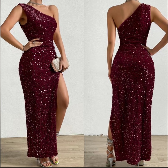 Luxe purple one shoulder slit thigh party formal evening sequins dress - Picture 15 of 16